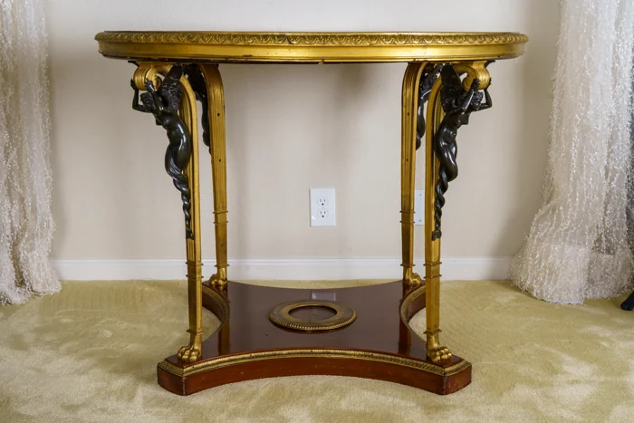 French c. 1880, Gilt-Bronze Center Table (Charles X style), Verde-marbled Gueridon