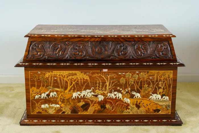 Indian 20th c. Wood Marquetry and Bone Inlaid Storage Chest