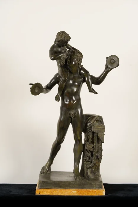 Italian late 19c. Bronze, “Dancing Faun with Infant Bacchus”