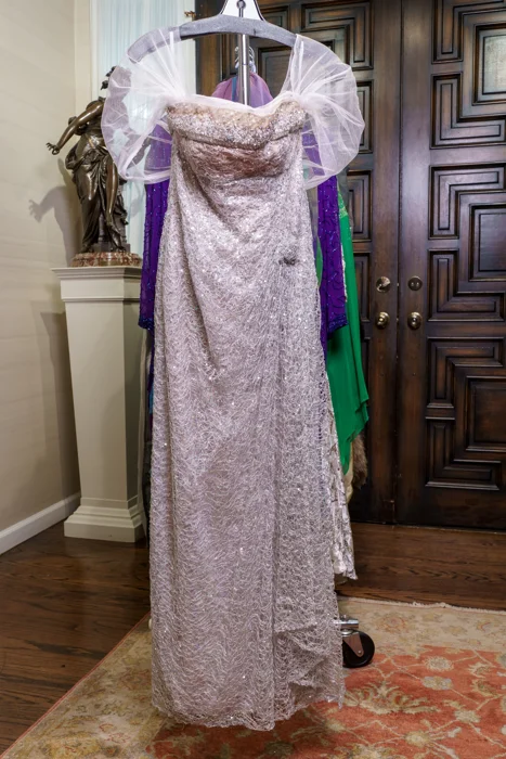 Romantic Pale Lavender Gray Lace Evening Gown, with Satin Jacket