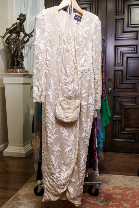 Elegant Ivory Cut Velvet Evening Gown with Matching Handbag