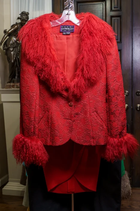 Dramatic Bright-Red Brocade & Mouton Lamb Statement Ensemble