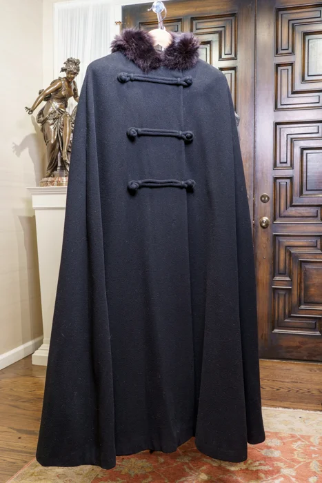 Vintage Full-Length Black Wool Cape with Black Fox Hood