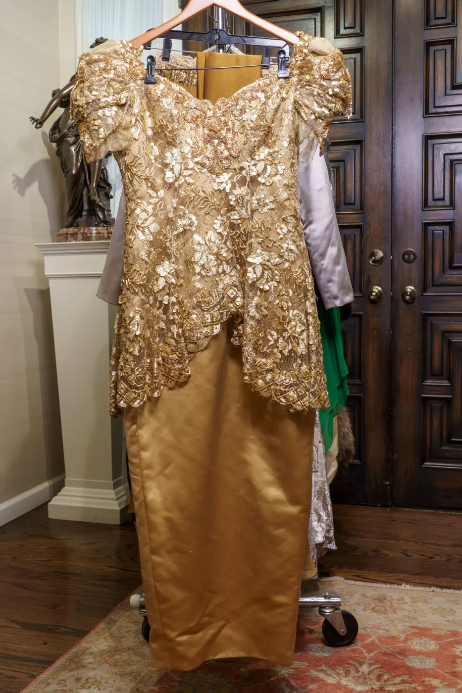 Exquisite Gold Silk Satin Evening Gown, with French Lace, Embellished with Beads and Sequins, & Ensemble, photograph 1
