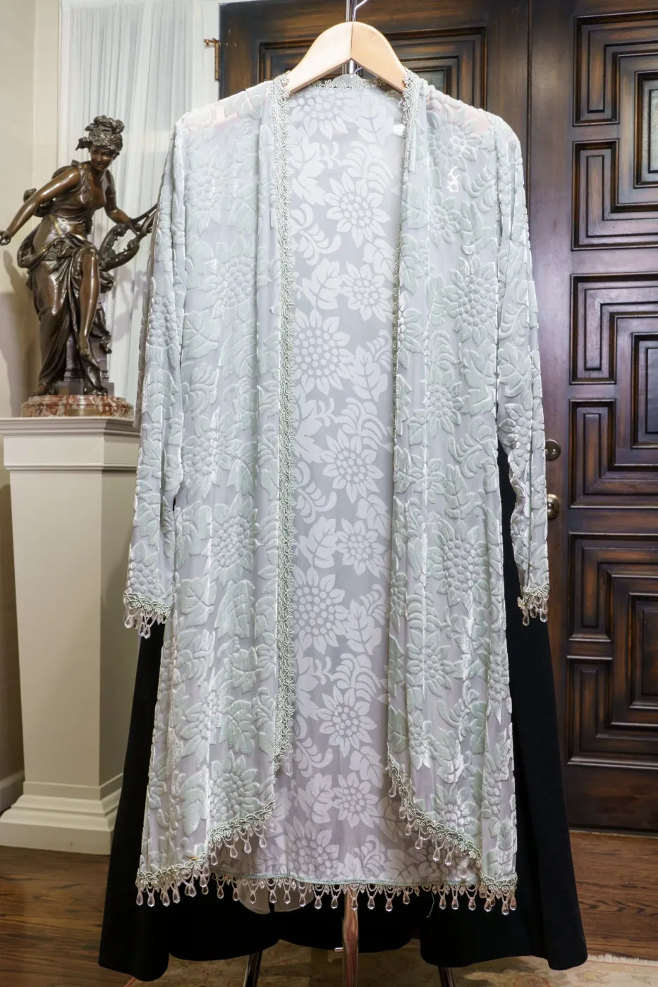 Elegant Pale Sage Green Velvet & Silk Evening Ensemble, photograph 1
